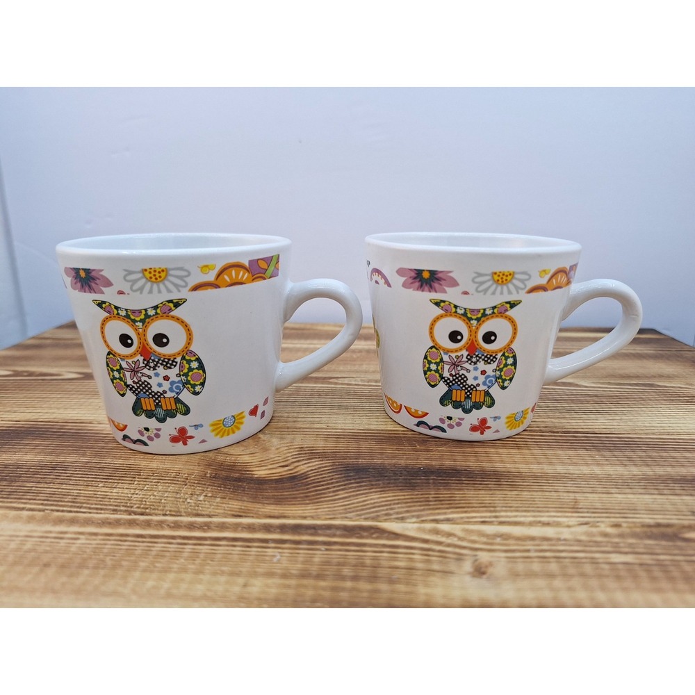 Set of 2 Fresa Cappuccino Cups Floral & Owl Kids‎ Set Lot X2